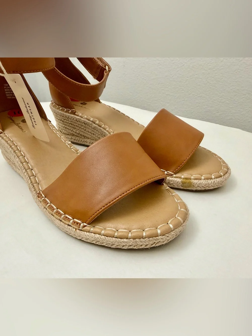 Tommy Bahama Cognac Leather Espadrille Wedges with Ankle Strap
